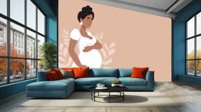 Healthy pregnancy banner. Beautiful pregnant black woman hugs her belly. The concept of pregnancy and motherhood. Healthy pregnancy. Vector illustration in cute cartoon style. Wall mural