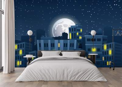 Illustration of night cityscape with the moon Wall mural