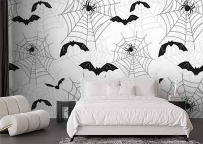 Seamless pattern with black spider web, spiders and bats on white background. Halloween Themed Background Wall mural