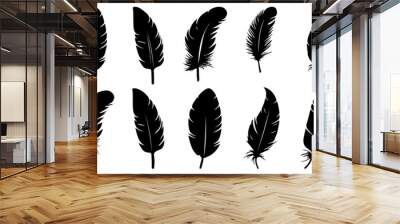 Set of black ink pen icons, bird feathers isolated on white background. Vintage pen icon. Vector set of feathers in flat style. Black silhouette of pen. Wall mural