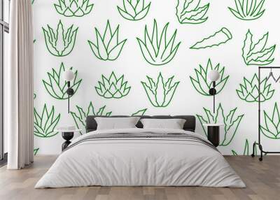 Aloe vera background, agave plant seamless pattern. Succulent wallpaper with line icons of aloevera leaves. Herbal medicine vector illustration green white color Wall mural