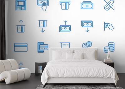 Atm machine line icon set. Withdraw money, deposit, hand taking cash, receipt minimal vector illustration. Simple outline signs for payment terminal application. Blue color, Editable Stroke Wall mural