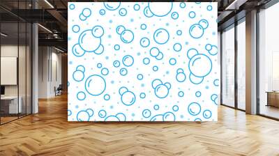 Bubbles vector seamless pattern with flat line icons. Blue white color soap texture. Fizzy water background, abstract effervescent effect wallpaper Wall mural