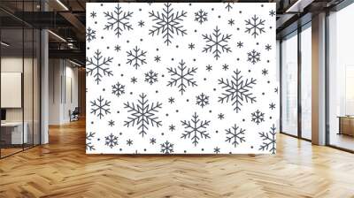 Christmas, new year seamless pattern, snowflakes line illustration. Vector icons of winter holidays, cold season snow flakes, snowfall. Celebration party black white repeated background. Wall mural