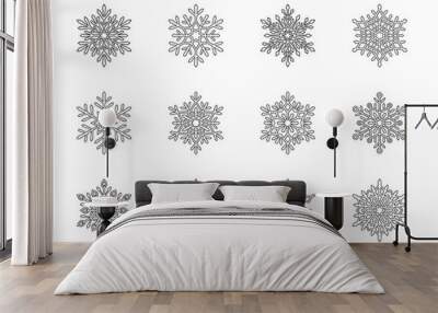 Christmas snowflakes collection isolated on white background. Cute hand drawn snow icons with intricate cut out silhouette. Nice line doodle decorative element for New year banner, cards or ornament Wall mural