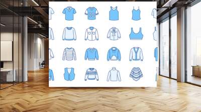 Clothes top doodle illustration including icons - sweater sportswear, jacket, polo shirt, sweatshirt, hoodie, pullover, suit, vest, blouse. Thin line art about apparel. Blue Color Editable Stroke Wall mural