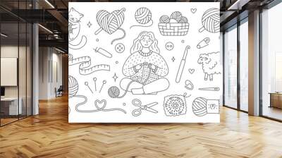 Crochet doodle illustration including - girl knitting clothes, cat playing with wool yarn ball, sheep, hook, skein. Hand drawn cute line art about handmade. Drawing for coloring. Editable Stroke Wall mural