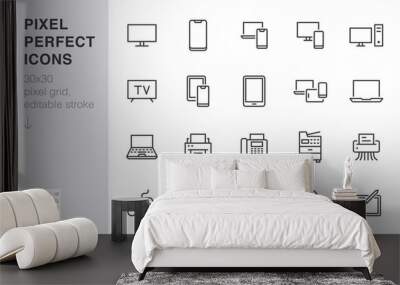 Devices line icons set. Computer, laptop, mobile phone, fax, scanner, smartphone minimal vector illustrations. Simple flat outline sign for web, technology app. 30x30 Pixel Perfect. Editable Strokes Wall mural