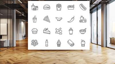 Fast food flat line icons set. Burger, combo lunch, french fries, hot dog, sauce, salad, soup, pizza vector illustrations. Thin signs for restaurant menu. Pixel perfect 64x64. Editable Strokes Wall mural