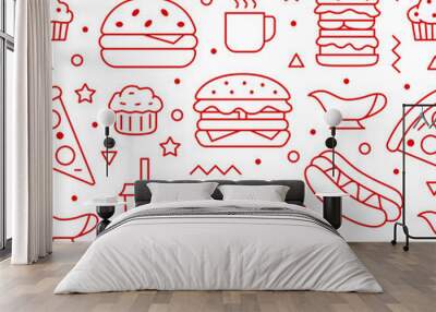 Fast food seamless pattern with vector line icons of hamburger, pizza, hot dog, beverage, cheeseburger. Restaurant menu background, tasty unhealthy lunch Wall mural