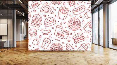 Fast food seamless pattern with vector line icons of hamburger, pizza, hot dog, beverage, cheeseburger. Restaurant menu background, tasty unhealthy lunch Wall mural