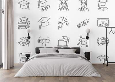 Graduation doodle illustration including icons - student in cap, diploma certificate scroll, university degree . Thin line art about high school education. Editable Stroke Wall mural