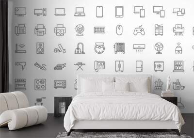 Household appliances line icon set. Computer monitor, web camera, keyboard, air conditioner, intercom, fridge, dishwasher outline vector illustration. Linear pictogram for electronics Wall mural