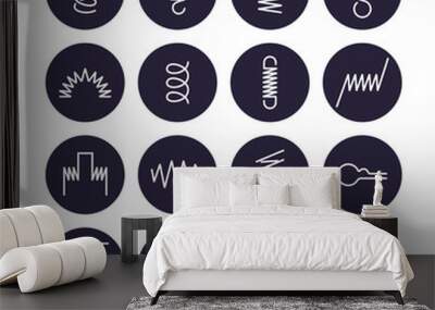 Metal spring flat line icons. Variety of flexible coil, elastic steel wire types. Thin signs in circle background, flexibility property. Editable Strokes. Wall mural