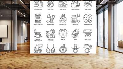 Modern vector line icon of breastfeeding, baby infant food. Breast feeding elements - pump, woman, child, powdered milk, bottle sterilizer, baby. Infant food pictogram Wall mural