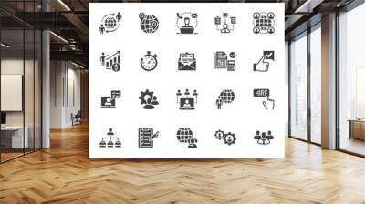 Outsource flat glyph icons set. Recruitment, partnership, teamwork, freelancer, part and full-time job vector illustrations. Black signs for business. Silhouette pictogram pixel perfect 64x64 Wall mural