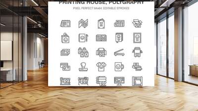 Printing house flat line icons. Print shop equipment - printer, scanner, offset machine, plotter, brochure, rubber stamp. Thin linear signs for polygraphy office, typography. Pixel perfect 64x64. Wall mural