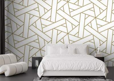 Seamless pattern with abstract geometric line texture, gold on white background. Light modern simple wallpaper, bright tile backdrop, monochrome graphic element Wall mural