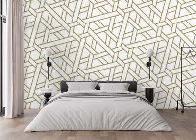 Seamless pattern with abstract geometric line texture, gold on white background. Light modern simple wallpaper, bright tile backdrop, monochrome graphic element Wall mural