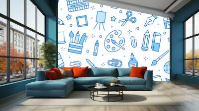 Stationery background, school tools seamless pattern. Art education wallpaper with line icons of pencil, pen, paintbrush, palette, easel. Painter supplies vector illustration blue white color Wall mural