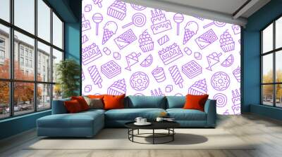 Sweet food seamless pattern with flat line icons. Pastry vector illustrations - lollipop, chocolate bar, milkshake, cookie, birthday cake, candy shop. Cute purple white background for confectionery Wall mural