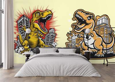 City rampage - t-rex vector illustration. Generative AI. Wall mural