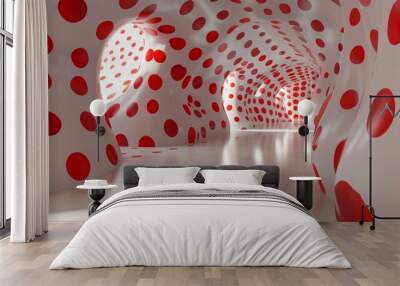 3D render of a minimalist white room with vibrant red dots on walls, floor, and ceiling, highlighting modern design elements and abstract patterns for contemporary decor Wall mural