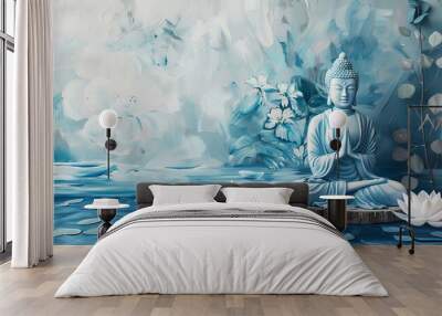 3D wallpaper background featuring blue water, lotus flowers, white candles, and a Buddha statue in a watercolor style, with a white and light gray color scheme for a detailed Wall mural