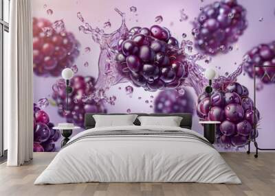 blackberries splashing in water, abstract artistic background with light purple color scheme, dynamic shapes and sparkling mist droplets adding depth Wall mural