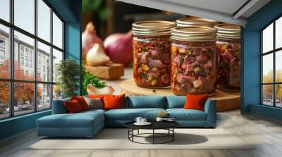 canned meat with vegetables and spices in glass jars, beautifully arranged on a wooden table, with natural light and professional photography showcasing the richness of homemade food preservation Wall mural