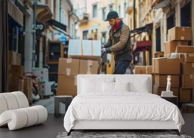 casual man with dark hair pushing hand truck with boxes on urban street for online shopping delivery Wall mural