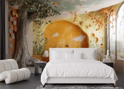 children's playroom with yellow tones, tree mural, soft cushions, and playful animal characters, featuring a pastel color scheme and whimsical natural design in hyper-realistic style Wall mural