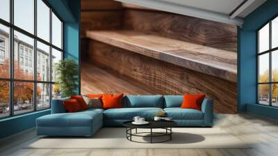 close-up of wooden stairs with brown wood flooring focusing on details of texture and grain of natural wood in modern home interior design Wall mural