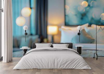 close-up shot of the bed in a luxury hotel room with a white and blue color scheme, soft lighting, blurred background with bokeh effect showing modern design elements like abstract artwork Wall mural