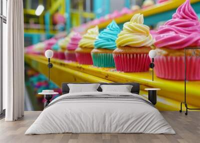 colorful row of cupcakes with frosting on yellow metal shelves at amusement park, sharp focus close-up with blurred background to highlight vibrant playful colors, whimsical cheerful atmosphere Wall mural