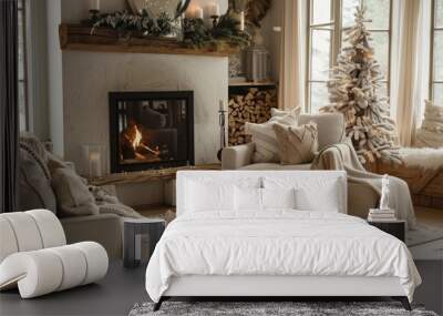 cozy winter living room with a fireplace, white walls, and neutral decorations, featuring comfortable armchairs with soft blankets, a wood stack, a Christmas tree Wall mural