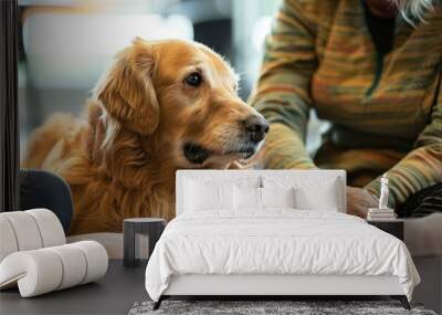 elderly person with long hair gently touching a dog lying on the sofa, set in a warm-toned indoor living scene with soft lighting and natural movements, capturing the bond between people and pets Wall mural