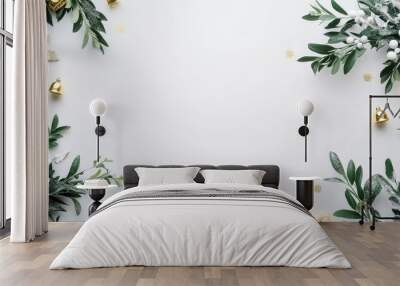 elegant christmas flat lay with golden accents and greenery border for festive holiday designs with clean white background Wall mural