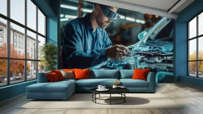 engineer with augmented reality glasses working on electric car engine with holographic display in high-tech factory Wall mural