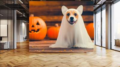 festive halloween-themed photo of a cute dog in a white ghost costume, posing with pumpkins and a wooden background, ready for a spooky party celebration Wall mural