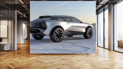 futuristic silver electric SUV concept car designed with an Italian flair, standing on a salt lake in an icy landscape, featuring sleek minimalistic design and advanced digital display technology Wall mural