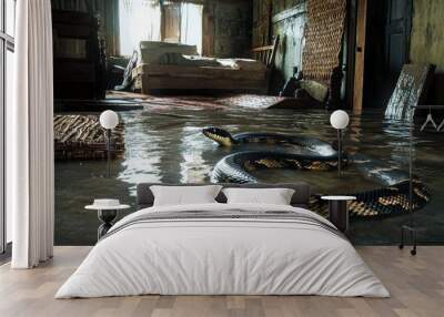 huge black and gold snake slithering on the flooded floor of an abandoned house with submerged furniture, a cinematic scene with reflections and a mysterious, eerie atmosphere Wall mural