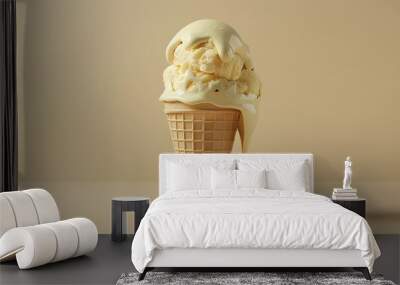 ice cream melting on cone, glass, vanilla, ink dripping, ornate waffle cone, white chocolate, hyper realistic photography Wall mural