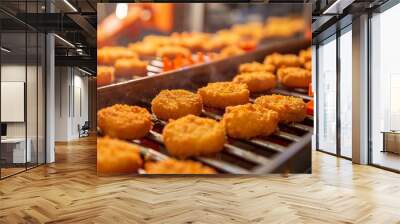 industrial food production close-up of chicken nuggets cooking on the line, highlighting precision and detail with macro lens in high-resolution photography, shallow depth for intricate focus Wall mural