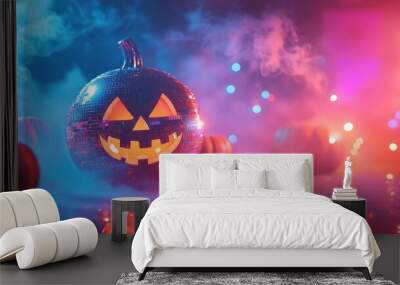 shiny disco ball pumpkin with colorful lights and smoke on a reflective surface, creating a lively Halloween party atmosphere with vibrant colors and festive energy Wall mural