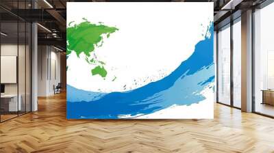 Simple Vector World Map with Blue and Green Ocean Waves on White Background Wall mural