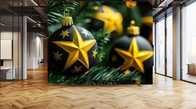 striking close-up of black christmas tree decorations adorned with yellow stars, set against a luxurious black and gold festive background, creating a captivating atmosphere perfect for new year Wall mural