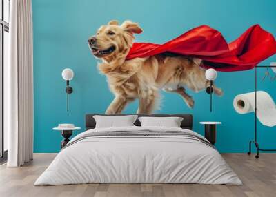 superhero dog with red cape flying in the air, golden retriever jumping to catch toilet paper roll, isolated on blue background, professional photography and color grading Wall mural