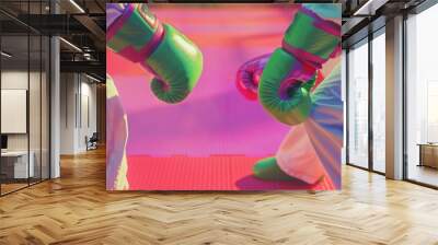 Two people wearing green and pink boxing gloves in white tracksuits fighting on a red mat, captured in a close-up shot with vibrant colors and styled in surrealism and pop art Wall mural