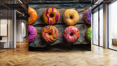 vibrant colorful donuts on rustic wooden planks with diverse designs in minimalistic hyper realistic commercial style Wall mural